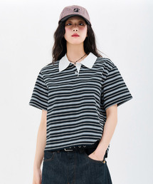 レディースストライプカラー半袖Tシャツ-FBRG5791D04
