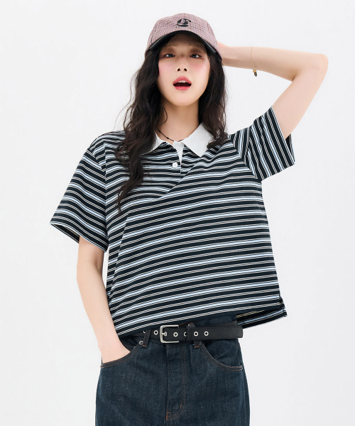 CHASECULT(チェイスカルト)の「レディースストライプカラー半袖Tシャツ-FBRG5791D04(ポロシャツ・レディース・ネイビー・85/90)」の3枚目の写真