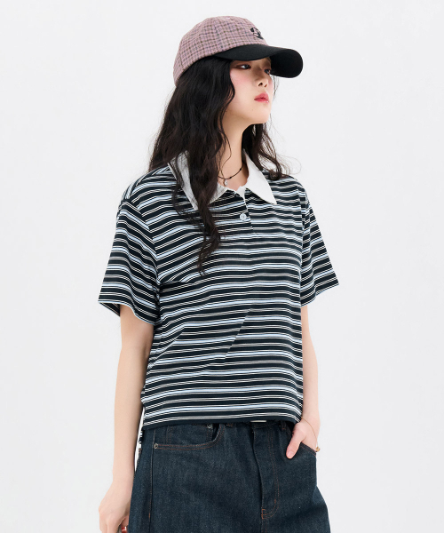 CHASECULT(チェイスカルト)の「レディースストライプカラー半袖Tシャツ-FBRG5791D04(ポロシャツ・レディース・ネイビー・85/90)」の4枚目の写真