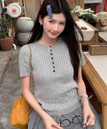 ヘンリーネック半袖ケーブルニット