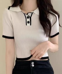 配色ライン入り短丈ポロニットプルオーバー