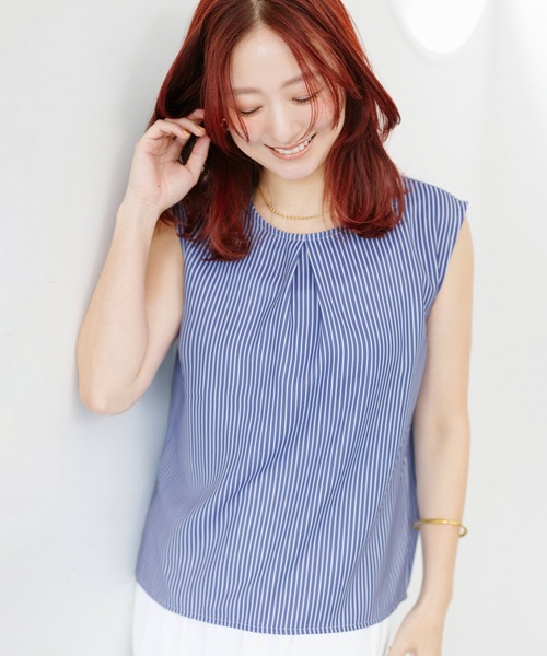 coca(coca)(コカ)の「【伊藤千晃様着用】\速乾/ ノースリーブタックブラウス(シャツ/ブラウス・レディース・ストライプ/アイボリー・M/L/S)」の6枚目の写真