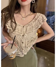 ビッグカラークロシェ編みVネック半袖カーディガン