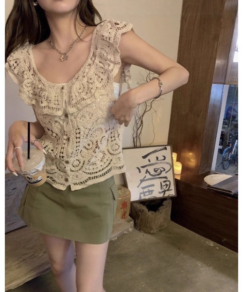 lulufa（ルルファ）の「ビッグカラークロシェ編みVネック半袖カーディガン（カーディガン/ボレロ・レディース・ホワイト/アイボリー・FREE）」の3枚目の写真