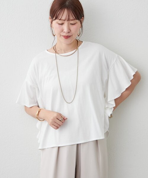 Remind me and forever(リマインドミーアンドフォーエバー)の「【接触冷感ひんやりタッチ】袖フレアーワイドTシャツ(Tシャツ/カットソー・レディース・オフホワイト/チャコールグレー/ブラック・FREE)」の4枚目の写真