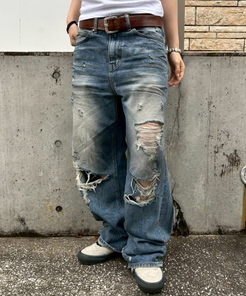 Chikashitsu +】super-destroyed damage wide denim pants