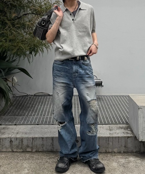 Chikashitsu +(チカシツプラス)の「【Chikashitsu +】super-destroyed damage wide denim pants / 【チカシツプラス】スーパーデストロイドダメージワイドデニムパンツ(デニムパンツ・メンズ・ブルー・M/S)」の7枚目の写真