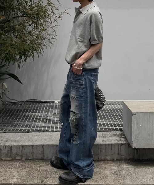 Chikashitsu +】super-destroyed damage wide denim pants