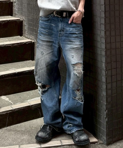 Chikashitsu +】super-destroyed damage wide denim pants