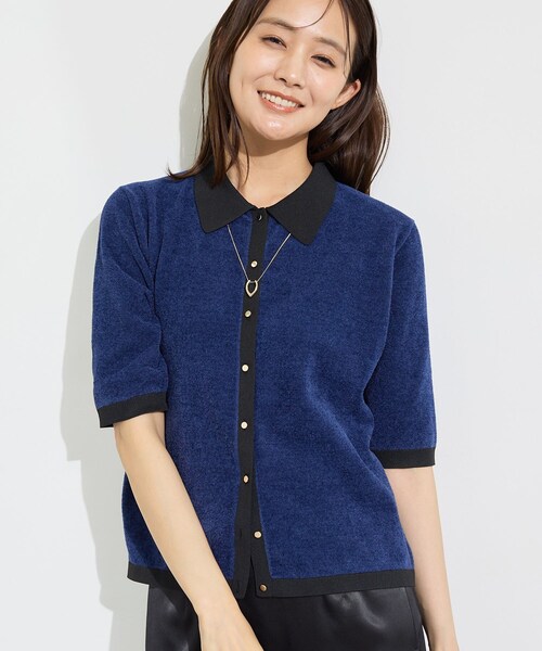 INDIVI（インディヴィ）の「【5分袖／配色デザイン】モールヤーン襟付きニット（ニット/セーター・レディース・ネイビー系4/ブラウン系その他5・38/05/13/15 ）」の2枚目の写真