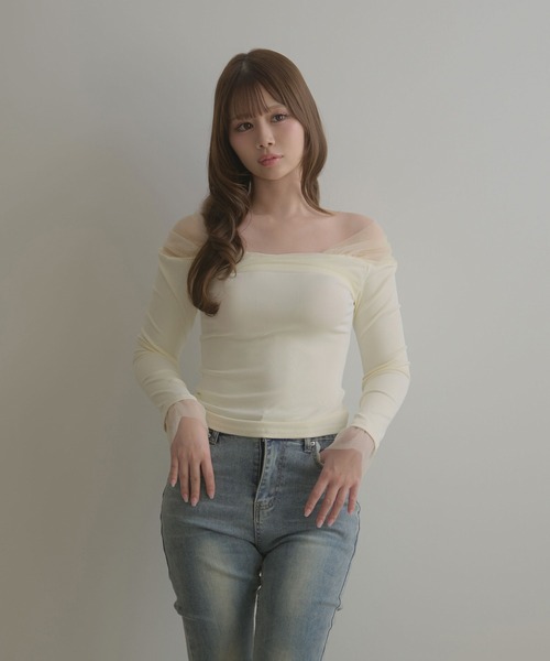 M DOLLY（エムドリー）の「Sheer shoulder aino tops / シアーショルダーアイノトップス（Tシャツ/カットソー・レディース・アイボリー/ブラック・FREE）」の4枚目の写真