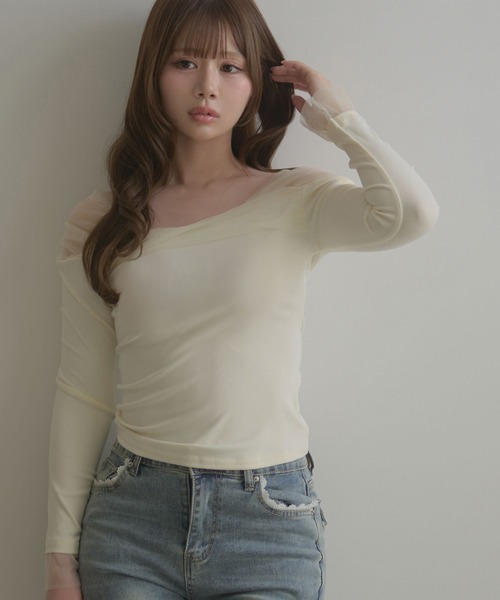 M DOLLY（エムドリー）の「Sheer shoulder aino tops / シアーショルダーアイノトップス（Tシャツ/カットソー・レディース・アイボリー/ブラック・FREE）」の5枚目の写真