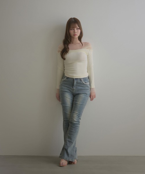 M DOLLY（エムドリー）の「Sheer shoulder aino tops / シアーショルダーアイノトップス（Tシャツ/カットソー・レディース・アイボリー/ブラック・FREE）」の6枚目の写真