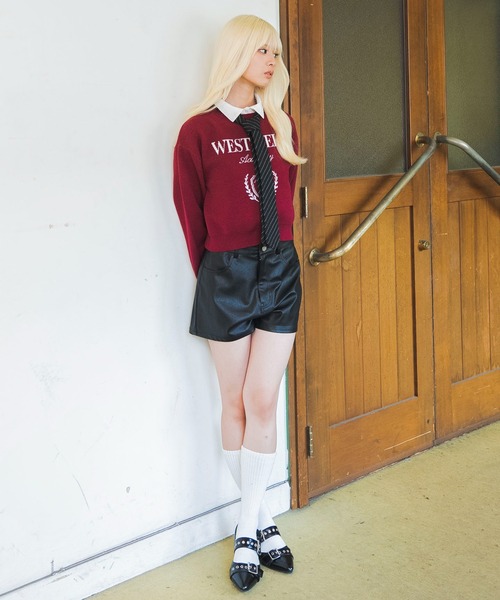 WEGO（ウィゴー）の「WEGO/【26年秋冬新作】シャツレイヤードジャガードニット（ニット/セーター・レディース・ホワイト/ワイン・FREE）」の4枚目の写真