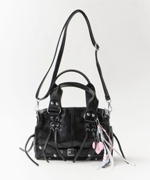 2way Lace-up Studs Belt Hand Bag with Charm / チャーム付き 2WAY レースアップ スタッズ ベルト ハンドバッグ ショルダーバッグ ショルダー取り外し可能 y2k 韓国系 コンパクト ミニ レディース 2026年 夏 夏服