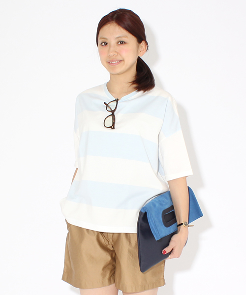 BEAMS BOY（ビームスボーイ）の「BEAMS BOY / 9cm ボーダー ビッグTシャツ（Tシャツ/カットソー・レディース・ピンク/クリーム/サックスブルー/ブラック・ONE SIZE）」の4枚目の写真