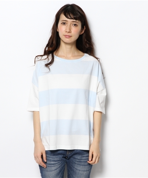 BEAMS BOY（ビームスボーイ）の「BEAMS BOY / 9cm ボーダー ビッグTシャツ（Tシャツ/カットソー・レディース・ピンク/クリーム/サックスブルー/ブラック・ONE SIZE）」の5枚目の写真