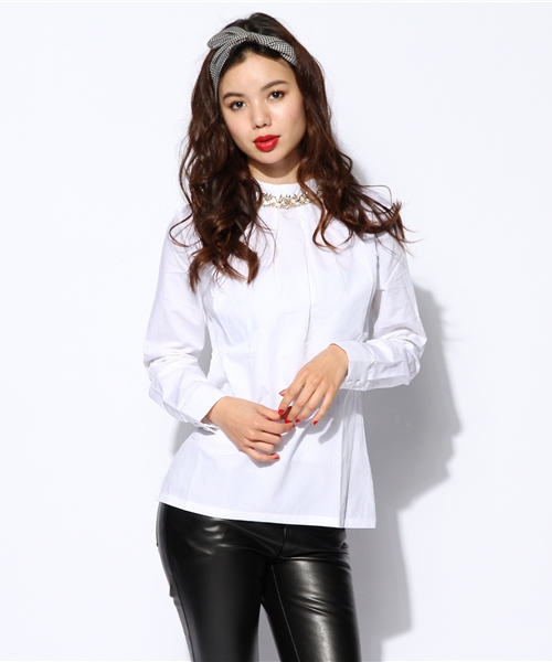 ROSE BUD（ローズバッド）の「LBL-14138 STAND/C L/S BIJOU BLOUSE（シャツ/ブラウス・レディース・ホワイト/ブラック・ONE SIZE）」の2枚目の写真