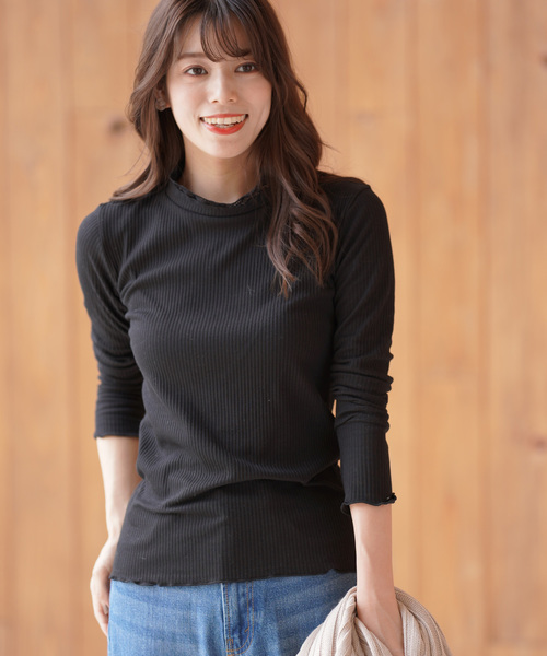 rps(アールピーエス)の「三角リブレースフリルネックプルオーバー(Tシャツ/カットソー)」|ブラック