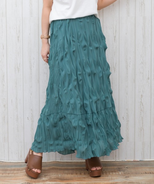 SpRay（スプレイ）の「クリンクルロングスカート（スカート・レディース・ライトグレー/オレンジ/アイボリー/ブルー/グリーン・FREE）」の4枚目の写真