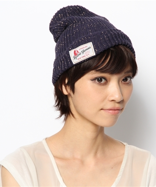 HYSTERIC GLAMOUR（ヒステリックグラマー）の「コットンラメ ワッチキャップ（ニットキャップ/ビーニー・レディース・ホワイト/ネイビー・FREE）」の3枚目の写真