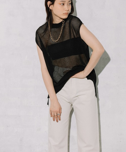 audrey and john wad（オードリーアンドジョンワッド）の「【Audrey and John Wad】クルーネックメッシュニットプルオーバー（ニット/セーター・レディース・ブラック/ゴールド/ナチュラル・FREE）」の8枚目の写真