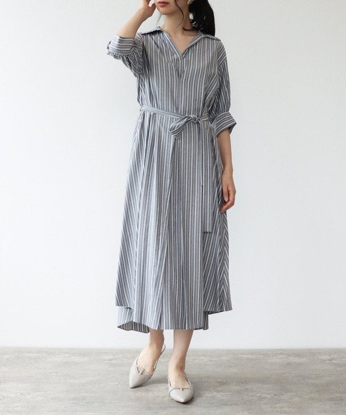 TITE IN THE STORE（ティテ　インザ　ストア）の「ウエストベルト付きストライプ半袖シャツワンピース（シャツワンピース・レディース・グレー/グリーン/パープル・38）」の2枚目の写真