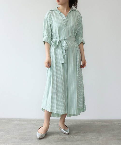 TITE IN THE STORE（ティテ　インザ　ストア）の「ウエストベルト付きストライプ半袖シャツワンピース（シャツワンピース・レディース・グレー/グリーン/パープル・38）」の3枚目の写真