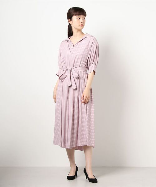 TITE IN THE STORE（ティテ　インザ　ストア）の「ウエストベルト付きストライプ半袖シャツワンピース（シャツワンピース・レディース・グレー/グリーン/パープル・38）」の8枚目の写真