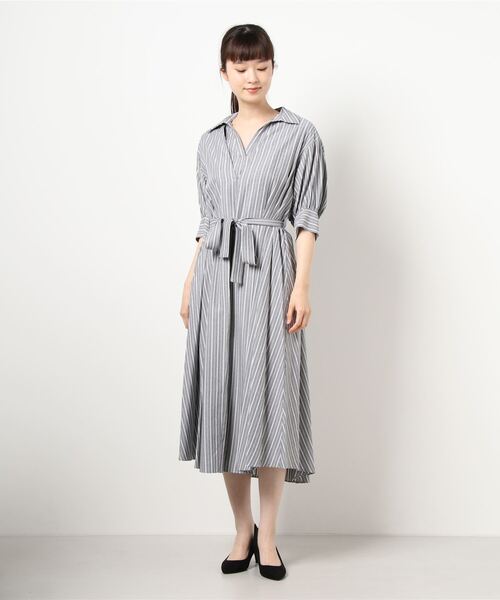 TITE IN THE STORE（ティテ　インザ　ストア）の「ウエストベルト付きストライプ半袖シャツワンピース（シャツワンピース・レディース・グレー/グリーン/パープル・38）」の6枚目の写真