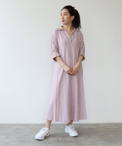 TITE IN THE STORE（ティテ　インザ　ストア）の「ウエストベルト付きストライプ半袖シャツワンピース（シャツワンピース・レディース・グレー/グリーン/パープル・38）」の11枚目の写真