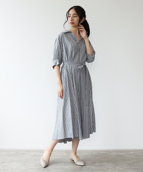 TITE IN THE STORE（ティテ　インザ　ストア）の「ウエストベルト付きストライプ半袖シャツワンピース（シャツワンピース・レディース・グレー/グリーン/パープル・38）」の10枚目の写真