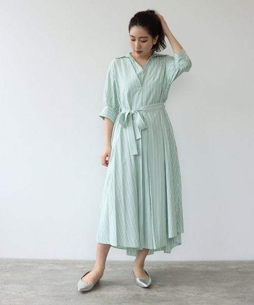 TITE IN THE STORE（ティテ　インザ　ストア）の「ウエストベルト付きストライプ半袖シャツワンピース（シャツワンピース・レディース・グレー/グリーン/パープル・38）」の9枚目の写真
