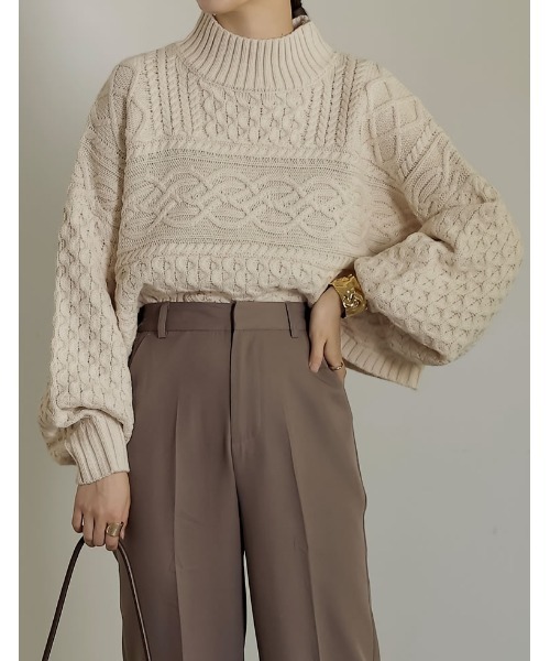 Re:EDIT（リエディ）の「ケーブル編みショート丈ニットトップス（ニット/セーター・レディース・オレンジ/ブラック/モカ/アイボリー・LARGE/MEDIUM）」の2枚目の写真