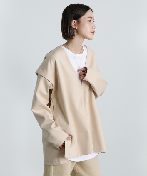 select MOCA(セレクトモカ)の「2WAY Vネックカットツイルプルオーバー(Tシャツ/カットソー・レディース・ブラック/ベージュ/アイボリー・FREE)」の5枚目の写真