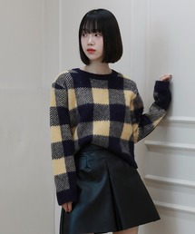 チェックラウンド長袖ニット