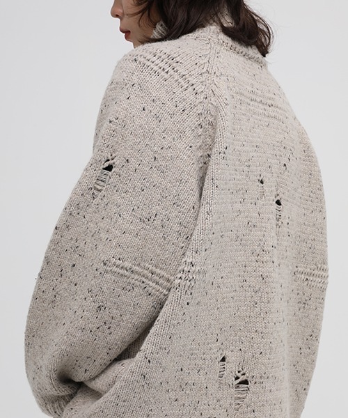 MASONPRINCE】Oversized front logo damage processing knit pullover