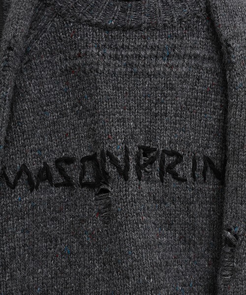 MASONPRINCE】Oversized front logo damage processing knit pullover