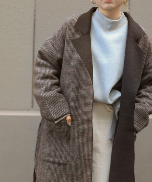 Bab（バブ）の「チェックロングチェスターコート（チェスターコート・レディース・チャコールグレー/ベージュ/ブラウン・M）」の4枚目の写真