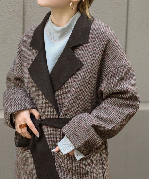 Bab（バブ）の「チェックロングチェスターコート（チェスターコート・レディース・チャコールグレー/ベージュ/ブラウン・M）」の6枚目の写真