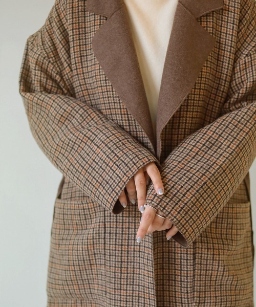 Bab（バブ）の「チェックロングチェスターコート（チェスターコート・レディース・チャコールグレー/ベージュ/ブラウン・M）」の15枚目の写真