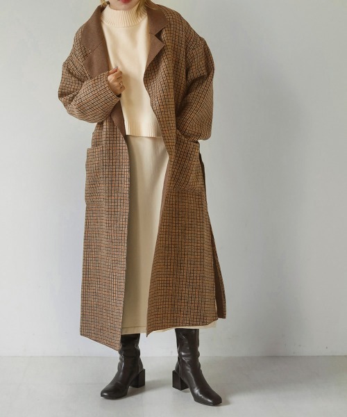 Bab（バブ）の「チェックロングチェスターコート（チェスターコート・レディース・チャコールグレー/ベージュ/ブラウン・M）」の13枚目の写真