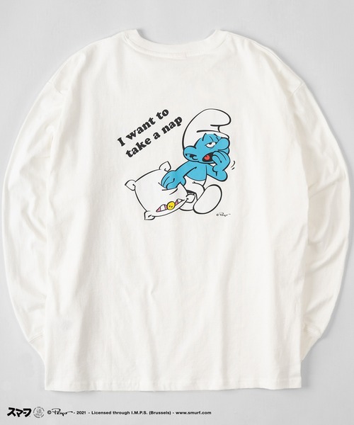make a ray!（メイク ア レイ！）の「【THE SMURFS/スマーフ】ビッグシルエット イラスト バックプリント 袖プリント ロンT/長袖Tシャツ（Tシャツ/カットソー・レディース・ホワイト/ブラック/オレンジ/ブルー/ホワイト系その他/ブラック系その他/ブルー系その他/オレンジ系その他・M/L/XL）」の2枚目の写真