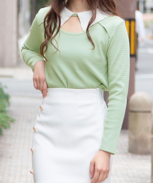 Julia Boutique(ジュリアブティック)の「襟付きフロントオープンニットトップス/22012(ニット/セーター・レディース・ブラック/ベージュ/ミント・ONE)」の1枚目の写真