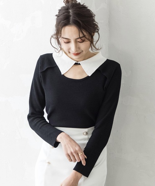 Julia Boutique(ジュリアブティック)の「襟付きフロントオープンニットトップス/22012(ニット/セーター・レディース・ブラック/ベージュ/ミント・ONE)」の2枚目の写真