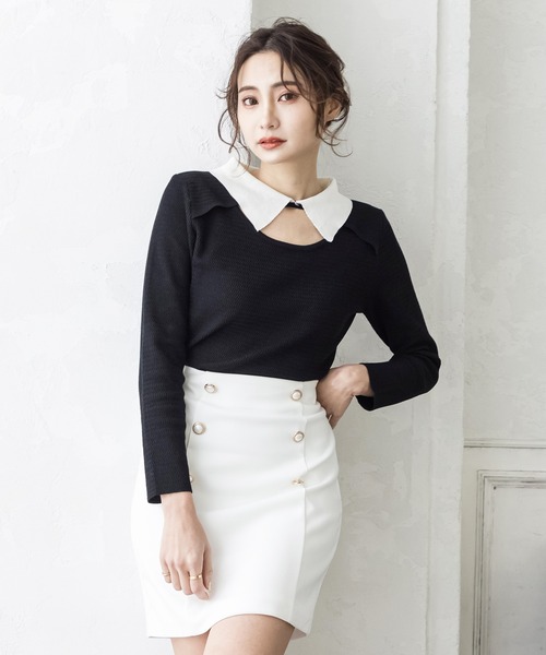 Julia Boutique(ジュリアブティック)の「襟付きフロントオープンニットトップス/22012(ニット/セーター・レディース・ブラック/ベージュ/ミント・ONE)」の5枚目の写真