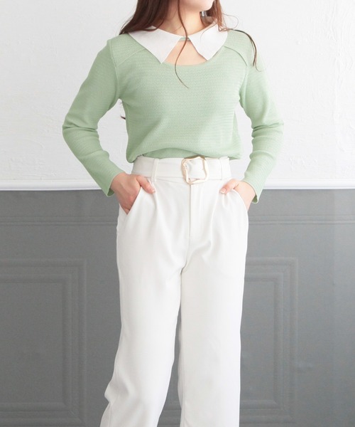 Julia Boutique(ジュリアブティック)の「襟付きフロントオープンニットトップス/22012(ニット/セーター・レディース・ブラック/ベージュ/ミント・ONE)」の16枚目の写真