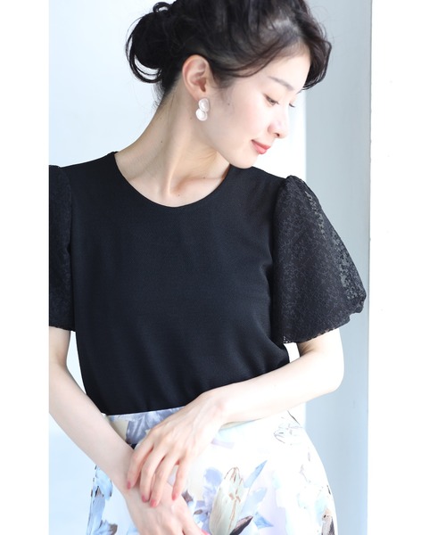 cawaii(カワイイ)の「(黒)チュールを重ねたパフスリーブのTシャツトップス(Tシャツ/カットソー・レディース・ブラック・FREE)」の2枚目の写真