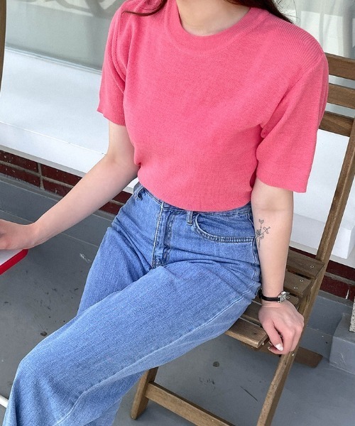 SONA（ソナ）の「SONYUNARA サマーラウンドネック半袖ニット（ニット/セーター・レディース・ブラック/ベージュ/ネイビー/オリーブ/ピンク/イエロー/オレンジ/インディゴブルー/グリーン/アイボリー/スモークピンク/コーラル・FREE）」の10枚目の写真