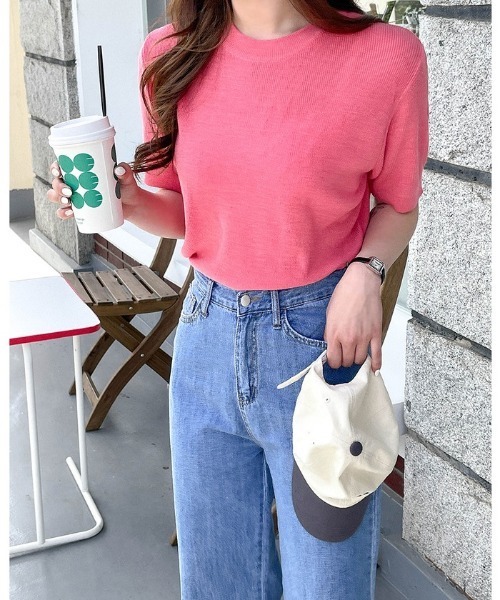 SONA（ソナ）の「SONYUNARA サマーラウンドネック半袖ニット（ニット/セーター・レディース・ブラック/ベージュ/ネイビー/オリーブ/ピンク/イエロー/オレンジ/インディゴブルー/グリーン/アイボリー/スモークピンク/コーラル・FREE）」の15枚目の写真